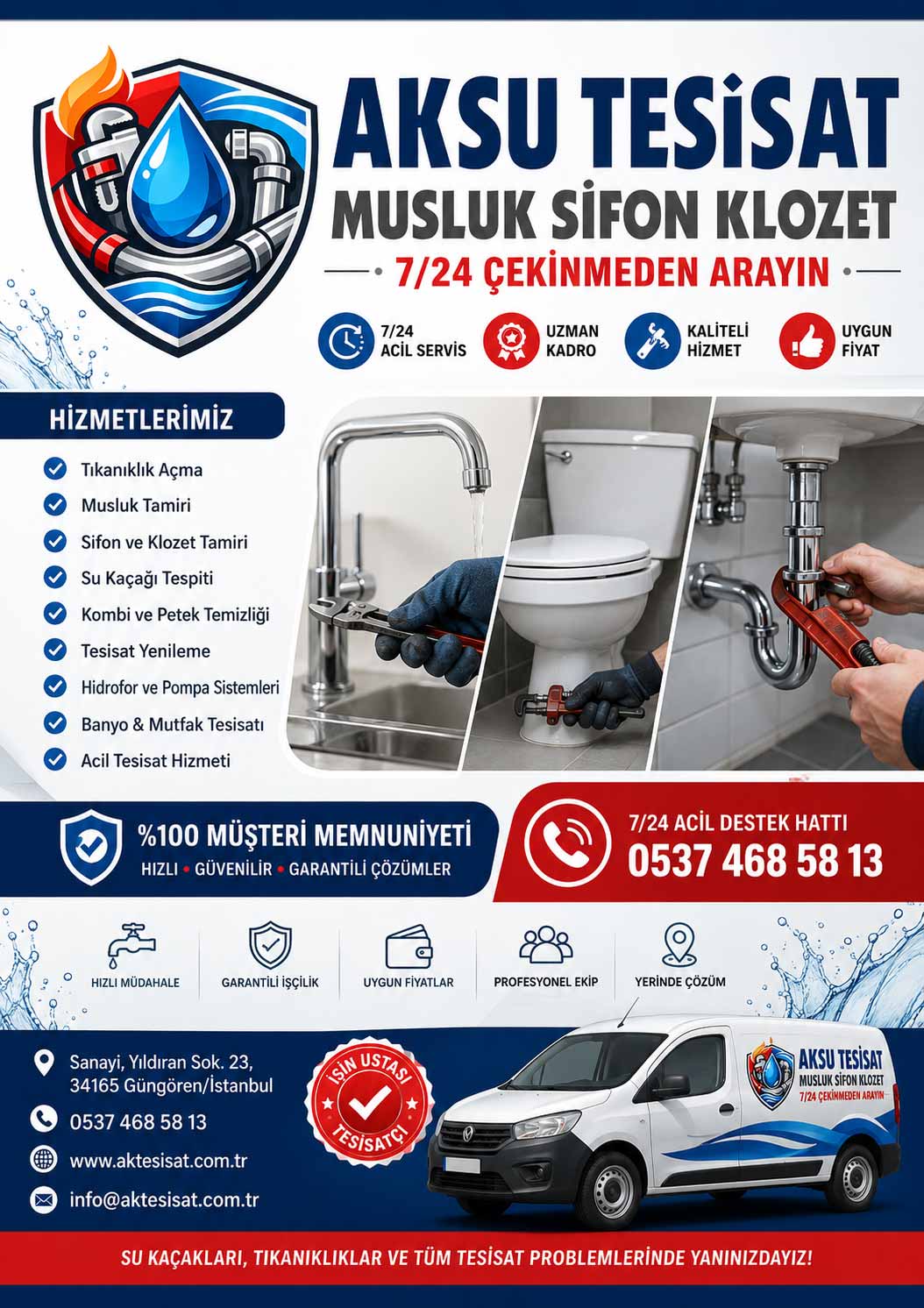 Profesyonel tesisat ekipmanlarıyla güvenli müdahale sağlayan deneyimli ekip desteği sayesinde tesisat sorunlarına hızlı ve düzenli çözümler sunuyoruz.